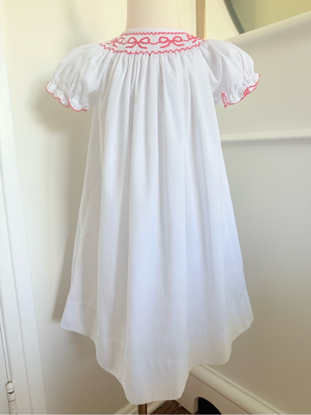Classic Whimsy White Red Smocked Christmas Bow Bishop Dress 2T